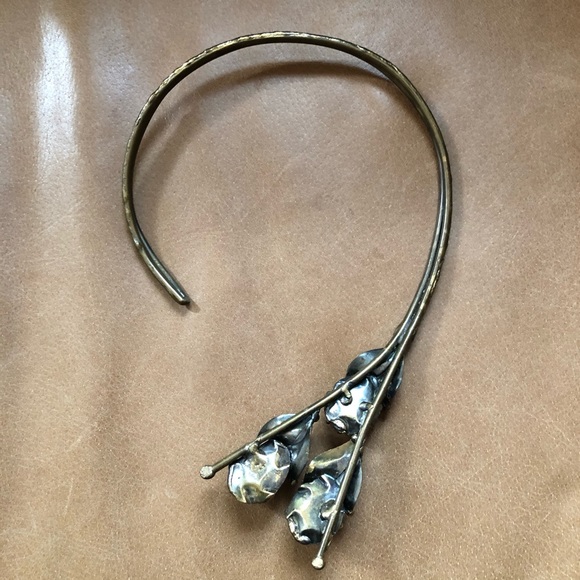 Brutalist pyrite and brass flower necklace vintage silver gold statement - Picture 9 of 13